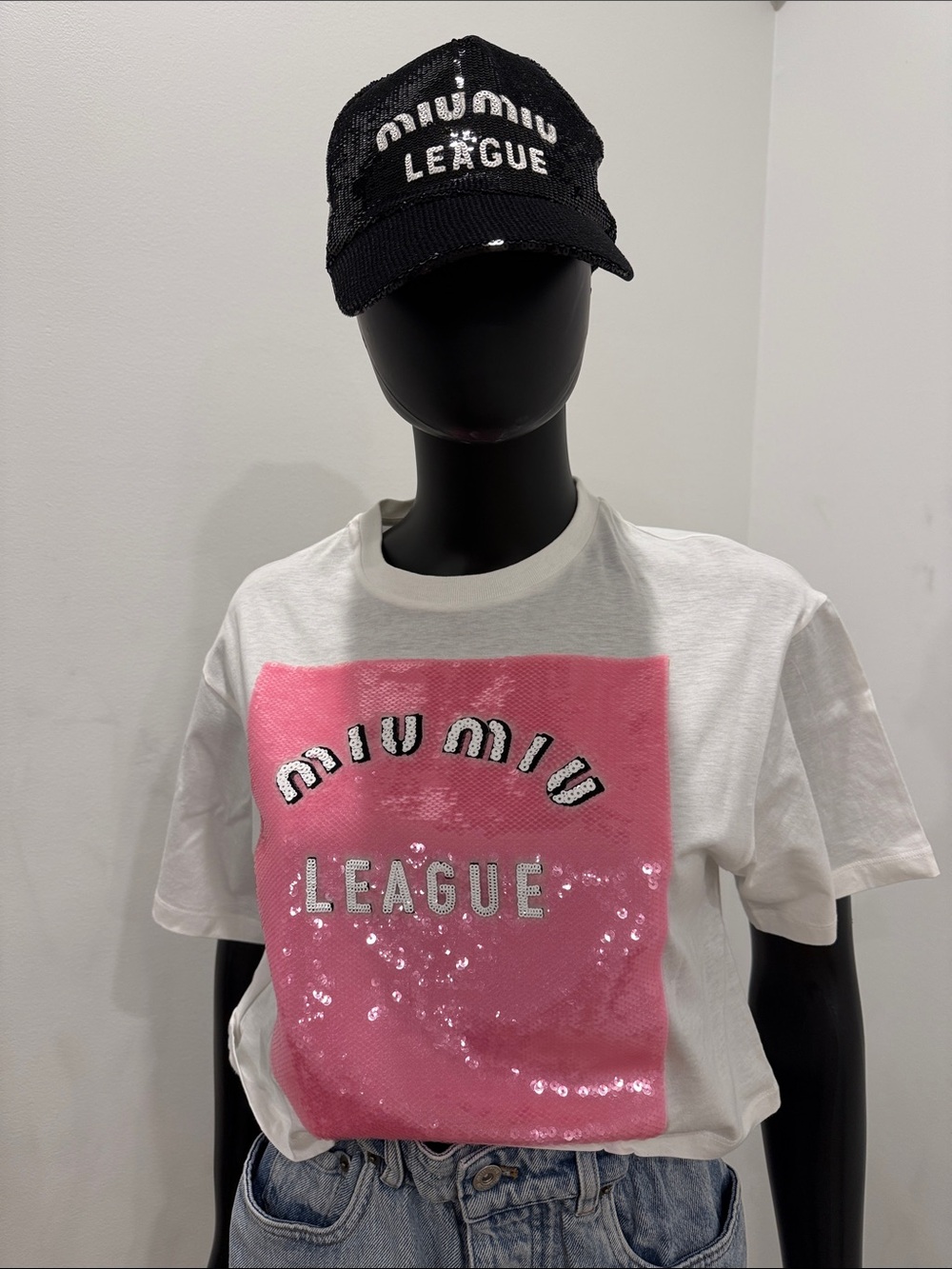 Miu Miu Sequin Logo T-Shirt Pink “League” XS | Rare Statement Piece NEW